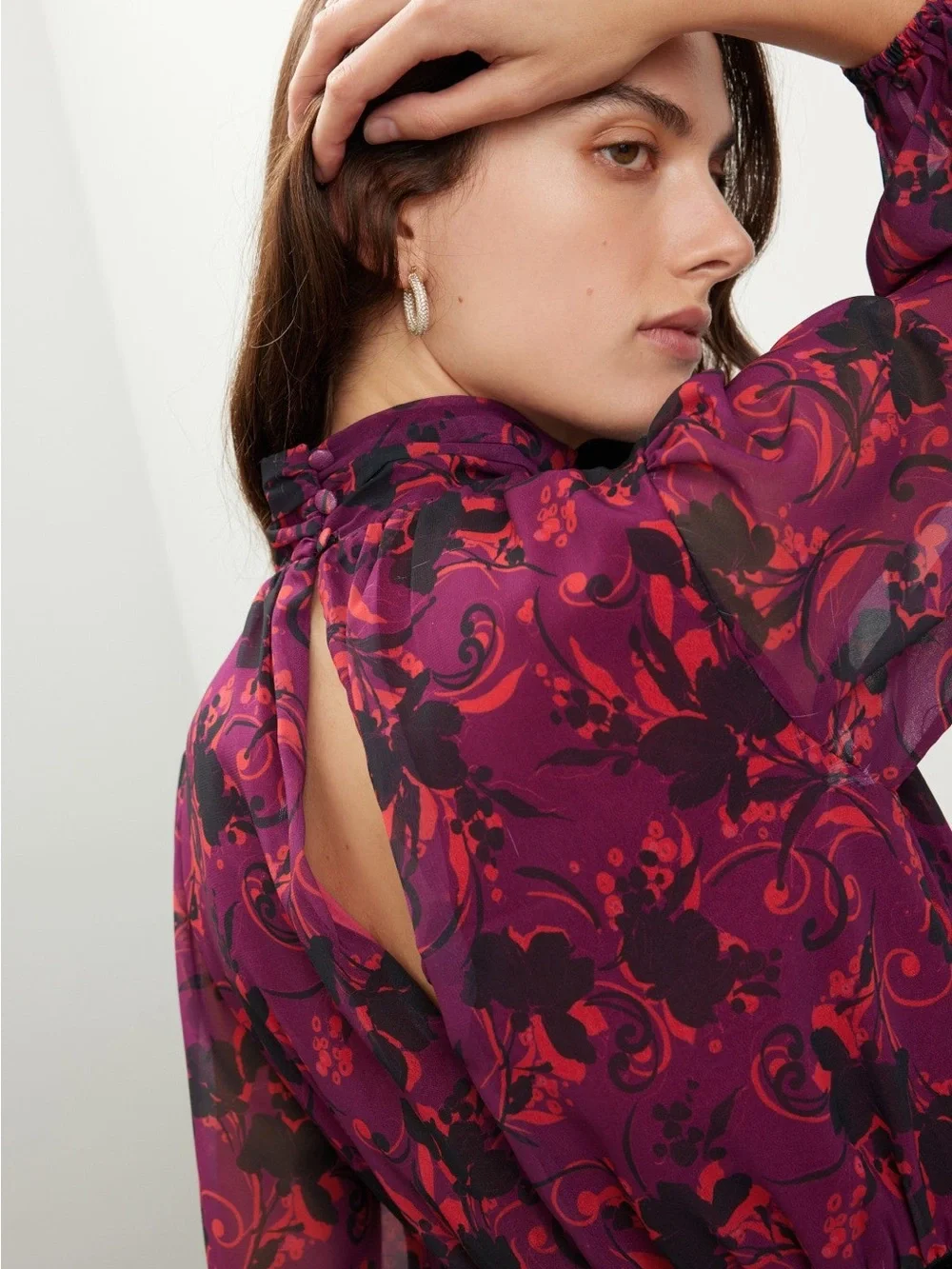 Floral Print High-Neck Long Sleeve Maxi Dress - Purple - Picture 4 of 9